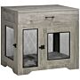 Pawhut Indoor Use Dog Crate Furniture With Cushion, Double Doors Pet Kennel End Table With Drawer For Medium Dogs, Grey