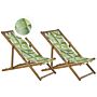 Set Of 2 Deck Chairs Light Acacia Frame Floral Leaves Pattern Replacement Fabric Hammock Seat Reclining Folding Sun Lounger