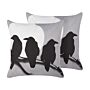 Set Of 2 Decorative Cushions Grey Velvet 45 X 45 Cm Crows Pattern Square Modern Minimalist Autumn