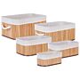 Set Of 5 Baskets Light Wood Natural Bamboo Wood Polyester With Handles Various Sizes Boho Modern Storage Accessory