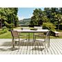 Garden Dining Set White Tabletop Glass Stainless Steel Frame Beige Set Of 4 Chairs Textilene