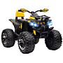 Homcom 12v Quad Bike Atv With Led Lights, Music, Backrest, Forward, Backward, Yellow