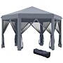 Outsunny 3.2m Canopy Rentals Pop Up Gazebo Hexagonal Canopy Tent Outdoor Sun Protection W/ Mesh Sidewalls, Handy Bag, Grey