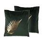 Set Of 2 Decorative Cushions Green Velvet Leaf Pattern 45 X 45 Cm Gold Foil Print