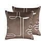 Set Of 2 Decorative Cushions Brown Velvet 45 X 45 Cm Face Motif Print