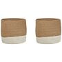 Set Of 2 Storage Baskets Jute And Cotton Beige And White Braided Laundry Hamper Fabric Bin