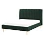 Eu Double Size Panel Bed 4ft6 Green Velvet Slatted Base High Headrest