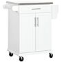 Homcom White Wooden Freestanding Kitchen Island On Wheels, Serving Cart Storage Trolley With Stainless Steel Top, Drawer, Side Handle And Rack