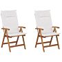 Set Of 2 Garden Chairs Light Acacia Wood With Off-white Cushions Folding Feature Uv Resistant