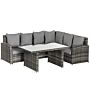 Outsunny 6-seater Pe Rattan Corner Dining Set Outdoor Garden Patio Sofa Table Furniture Set W/ Cushions, Grey