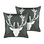 Set Of 2 Scatter Cushions Green Velvet 45 X 45 Cm Reindeer Motif Christmas Accessories