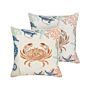 Set Of 2 Scatter Cushions Beige Linen Cotton 45 X 45 Cm Marine Crab Pattern Square Polyester Filling