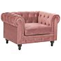 Chesterfield Armchair Pink Velvet Fabric Upholstery Dark Wood Legs