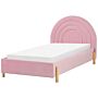 Bed Pink Velvet Eu Single Size 3ft Slatted Base Wooden Legs Minimalist Retro Design Half-round Headboard Beliani