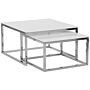 Nest Of 2 Coffee Tables White Top Silver Frame Tempered Glass Stainless Steel Legs