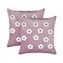 Set Of 2 Scatter Cushions Violet Velvet Polyester Fabric Flowers Pattern 45 X 45 Cm Pillows For Kids