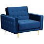 Armchair Navy Blue Velvet Tufted Fabric Reclining Chair Gold Legs Track Arm