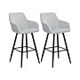 Set Of 2 Bar Stool Light Grey Fabric Upholstered With Arms Backrest Black Metal Legs