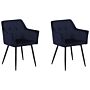 Set Of 2 Dining Chairs Dark Blue Velvet Upholstered Seat With Armrests Black Metal Legs