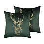 Set Of 2 Decorative Cushions Green Velvet Reindeer Print 45 X 45 Cm Modern Decor Accessories Christmas