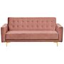 Sofa Bed Pink Velvet Tufted Fabric Modular 3 Seater Gold Legs Track Arm