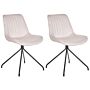 Set Of 2 Dining Chairs Beige Velvet Upholstery Tufted Armless Black Cross Base Steel Frame