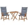 Garden Bistro Set Acacia Wood Table 2 Chairs With Blue Cushions Uv Resistant Foldable