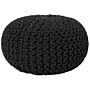 Pouf Ottoman Black Knitted Cotton Eps Beads Filling Round Small Footstool 40 X 25 Cm