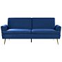 Velvet Sofa Bed Navy Blue 3 Seater Click Clack Golden Metal Legs