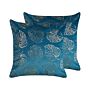 Set Of 2 Decorative Cushions Blue Velvet 45 X 45 Cm Leaf Print