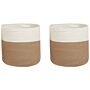 Set Of 2 Storage Baskets Cotton Beige And White Braided Laundry Hamper Fabric Bin