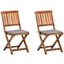 Set Of 2 Garden Chairs Acacia Wood Folding Slatted Back With Grey Seat Pad Cushions