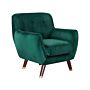 Armchair Green Velvet Button Tufted Back Wooden Legs