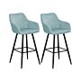 Set Of 2 Bar Stool Light Blue Fabric Upholstered With Arms Backrest Black Metal Legs