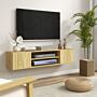 Homcom Floating Tv Stand Cabinet For Tvs Up To 60 Inch, Media Entertainment Center With Open Shelf, Storage Cupboard, Natural Wood Effect