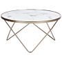 Coffee Table White Marble Effect Tempered Glass Top Gold Metal Hairpin Legs Round Shape