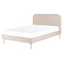 Bed Light Beige Velvet Upholstery Eu King Size Golden Legs Headboard Slatted Frame 5.3 Ft