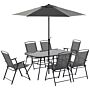 Outsunny 8 Pieces Metal Garden Furniture Set With Parasol And Folding Chairs, Patio Dining Set, 6 Seater Outdoor Table And Chairs With Tempered Glass Top, Black