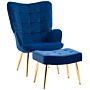 Homcom Upholstered Armchair W/ Footstool Set, Modern Button Tufted Accent Chair W/ Gold Tone Steel Legs, Wingback Chair, Dark Blue