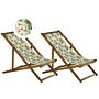 Set Of 2 Garden Deck Chairs Light Acacia Wood Frame Floral Pattern Replacement Fabric Hammock Seat Reclining Folding Sun Lounger