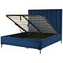 Bed Frame Navy Blue Velvet Eu Double Size 4ft6 With Ottoman Storage Padded Headboard Black Metal Legs