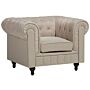 Chesterfield Armchair Beige Fabric Upholstery Dark Wood Legs