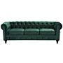 Chesterfield Sofa Green Velvet Fabric Upholstery Dark Wood Legs 3 Seater