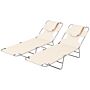 Outsunny Foldable Sun Lounger Set Of 2, Beach Chaise Lounges With Reading Hole, Arm Slots, 5-position Adjustable Backrest, Side Pocket, Pillow For Patio, Garden, Beach, Pool, Beige