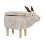 Animal Reindeer Children Stool Beige Polyester Fabric Upholstered Wooden Legs Storage Function Nursery Footstool