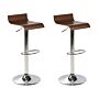 Set Of 2 Bar Stools Brown With Footstool Swivel Gas Lift Adjustable Height