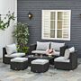 Outsunny 6-seater Garden Rattan Wicker Sofa Set W/ Coffee Table, Wicker Weave Chair, Space-saving Footstool, Padded Cushions, Black