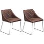 Set Of 2 Dining Chairs Brown Fabric Chromed Metal Legs