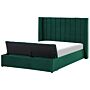 Eu Double Size Panel Bed Green Velvet 4ft6 Slatted Base High Headrest With Storage Bench