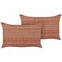 Set Of 2 Decorative Cushions Orange Cotton 35 X 55 Cm Geometric Pattern Block Printed